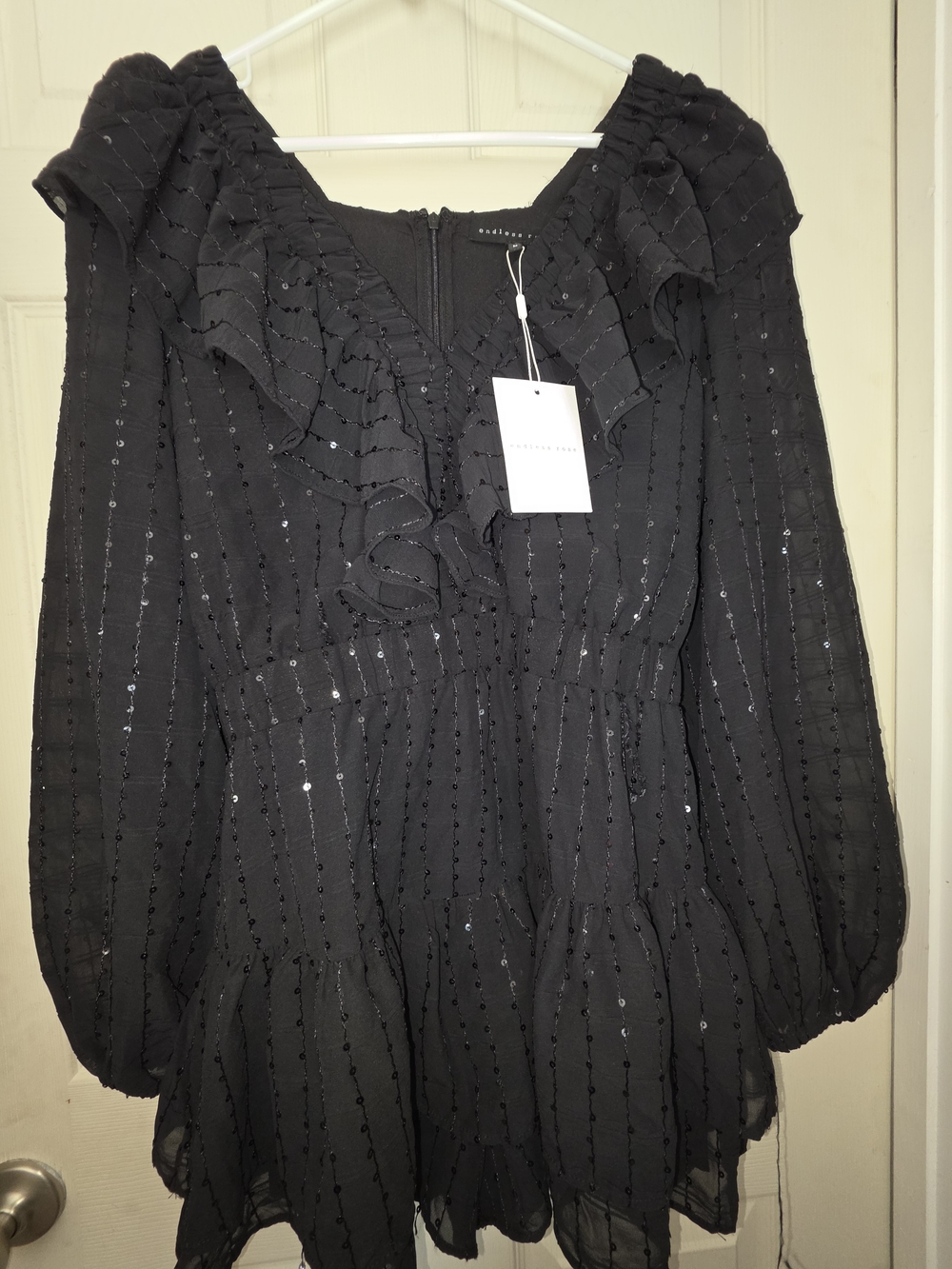 Endless Rose Black Ruffle Sequin Long-Sleeve Dress